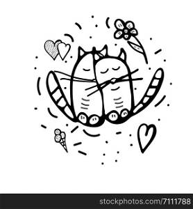 Happy Valentines Day greeting card template with cute hug cats. Vector illustration.