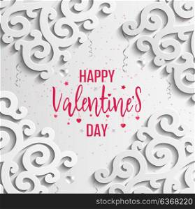 Happy Valentines Day greeting card. Vector template. Romantic poster with 3d pattern, hearts. Love, poster, banner.