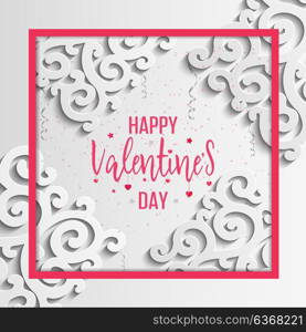 Happy Valentines Day greeting card. Vector template. Romantic poster with 3d pattern, hearts. Love, poster, banner.