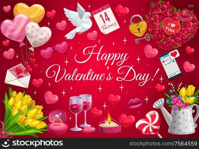 Happy Valentines day greeting with sparkling stars and golden heart balloons. Vector Valentine love kiss lips, love message in phone and wedding rings, gift with flowers and floral bouquets. Valentines day heart balloons, flowers and birds