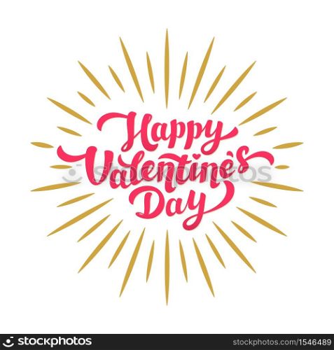 Happy valentines day hand drawing lettering card design. Bright pink inscription with gold rays on white background. Vector illustration.. Happy valentines day hand drawing lettering card design. Bright pink inscription with gold rays on white background.
