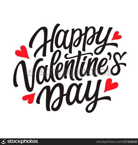 Happy Valentines day. Hand lettering text with red hearts isolated on white background. Vector typography for posters, cards, banners, party decor, mugs, t shirts