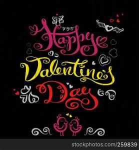Happy valentines day handwritten text, cute lettering on dark background, vector illustration.. Happy valentines day handwritten text