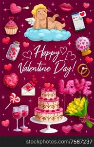 Happy Valentines day holiday attributes on card. Vector cupid on cloud, lips kiss and wedding cake, flower bouquets and glasses of wine. Day of love and gifts, mobile messages and letters. Greetings on Valentines day, passion love symbols