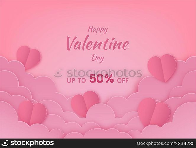 Happy valentines day, holiday greeting card background, papercut style, Paper clouds, flying realistic heart on clouds, Pink banner party invitation template, copy space, vector illustration