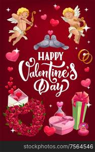 Happy Valentines day holiday presents, vector cupid with arrow and boy playing on harp, couple of doves and envelope with hearts. Wreath of flowers, ring and elixir of love. Cupid, flowers and rings of Valentines day