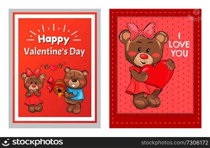 Happy Valentines Day I love you posters male teddy bear holding hive full of honey and smile, bees flying with red heart, present for girlfriend vector. Happy Valentines Day I love You Posters Male Teddy