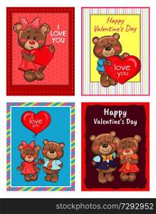 Happy Valentines day I love you set of posters with heart shape balloon in hands of cute teddy-bears vector illustration of stuffed toys, smiling bears. Happy Valentines Day I love you Set of Poster Bear