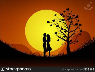 Happy Valentines Day illustration. Romantic silhouette of loving couple at mountain on sunset background. Vector illustration