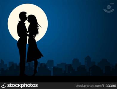 Happy Valentines Day illustration. Romantic silhouette of loving couple at night. Vector illustration