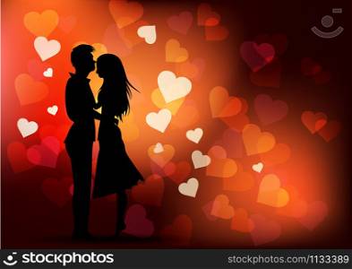 Happy Valentines Day illustration. Romantic silhouette of loving couple on real heart. illustration