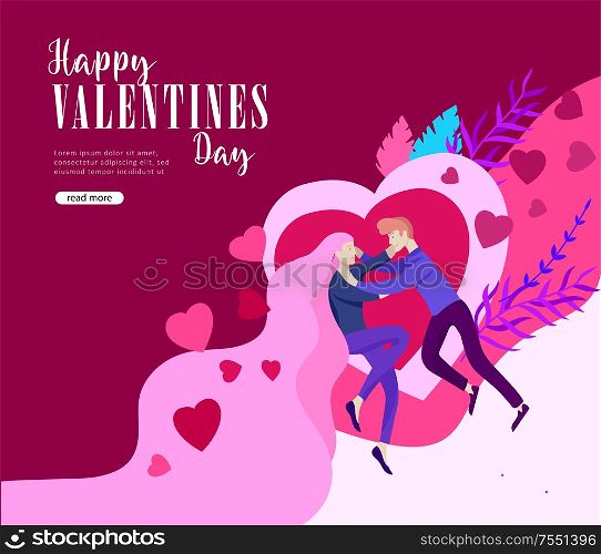 Happy Valentines day Landing page template with couple in love isolated in heart on a colorful abstract background, typography poster elements, festive composition design, vector illustration. Happy Valentines day Landing page template with couple in love isolated in heart on a colorful abstract background, typography poster element