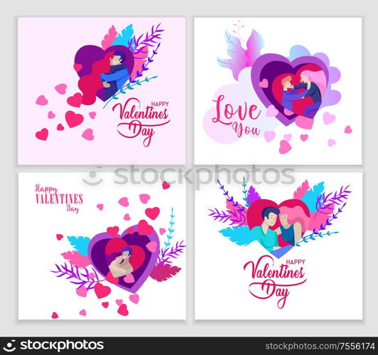 Happy Valentines day Landing page template with couple in love isolated in heart on a colorful abstract background, typography poster elements, festive composition design, vector illustration. Happy Valentines day Landing page template with couple in love isolated in heart on a colorful abstract background, typography poster element