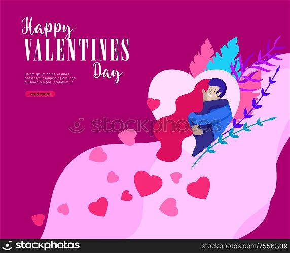 Happy Valentines day Landing page template with couple in love isolated in heart on a colorful abstract background, typography poster elements, festive composition design, vector illustration. Happy Valentines day Landing page template with couple in love isolated in heart on a colorful abstract background, typography poster element
