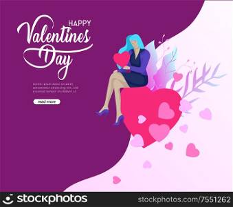 Happy Valentines day Landing page template with woman in love sitting on heart on colorful abstract background, typography poster elements, festive composition design, vector illustration. Happy Valentines day Landing page template with couple in love isolated in heart on a colorful abstract background, typography poster element