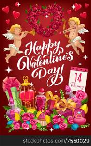 Happy Valentines day lettering and cupids with heart shape wreath. Vector symbols of love, heart in golden cage, calendar with February 14 date, flowers and elixir in bottle. Cupcake and present boxes. February 14 Valentines day symbols of love vector