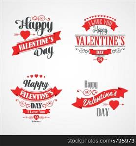 Happy Valentines Day Lettering Card. Typographic Background With Ornaments, Hearts, Ribbon and Arrow