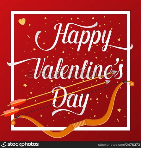 Happy Valentines Day lettering text with golden bow and arrow . Holiday typography design for Valentines Day. Vector Illustration. For greeting card, flyer, poster or banner.. Happy Valentines Day lettering text with golden bow and arrow .