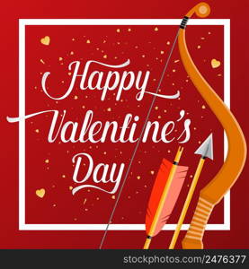 Happy Valentines Day lettering text with golden bow and arrow . Holiday typography design for Valentines Day. Vector Illustration. For greeting card, flyer, poster or banner.. Happy Valentines Day lettering text with golden bow and arrow .