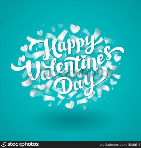 Happy Valentines Day Lettering with silver confetti. 14th of february greeting card. Hans drawn lettering with silver hearts on blue background. Vector illustration.. Happy Valentines Day Lettering with silver confetti. 14th of february greeting card. Hans drawn lettering with silver hearts on blue background.