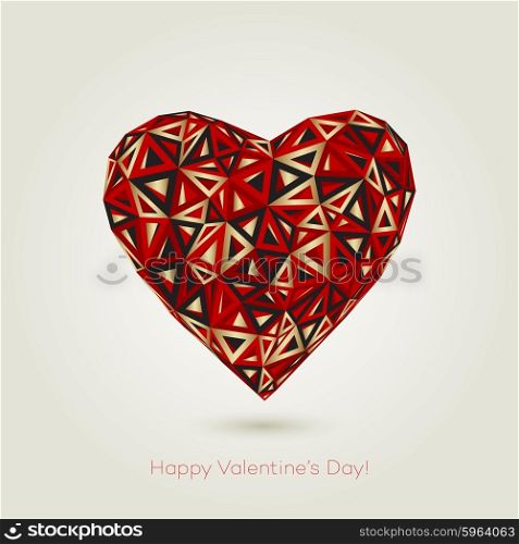 Happy valentines day. Love greeting card with heart shape design in low poly style. Red, black and gold color