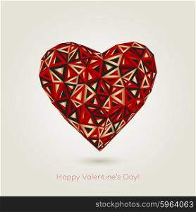 Happy valentines day. Love greeting card with heart shape design in low poly style. Red, black and gold color