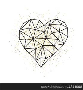 Happy valentines day love greeting card with white low poly style heart shape in golden glitter background. Vector illustration. Happy valentines day love greeting card with white low poly style heart shape in golden glitter background. Vector illustration EPS10