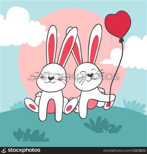 Happy Valentines Day of couple bunny with balloon, Valentines card and poster