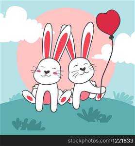 Happy Valentines Day of couple bunny with balloon, Valentines card and poster