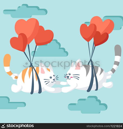 Happy Valentines Day of couple cat flying with a parachute, Valentines card and poster