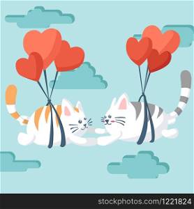 Happy Valentines Day of couple cat flying with a parachute, Valentines card and poster