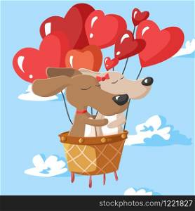 Happy Valentines Day of couple dogs in hot air balloon, Valentines card and poster