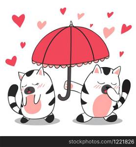 Happy Valentines Day of cute cat is umbrella for the other cat with love, Valentines card and poster