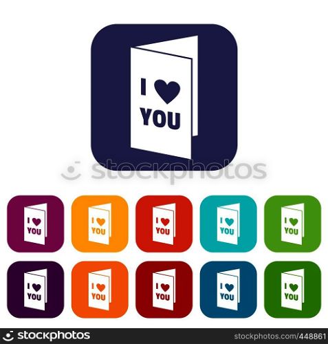 Happy Valentines day or weeding card icons set vector illustration in flat style In colors red, blue, green and other. Happy Valentines day or weeding card icons set