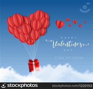 happy valentines day origami paper balloons hearts with gift box and clouds on blue sky vector illustration