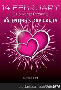 Happy Valentines Day Party Flyer Design Template. Vector Illustration. Club Flyer Concept with Two Purple Hearts and Fireworks