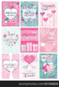 Happy Valentines Day party flyer posters. Hipster Valentines Day typographic tags and labels emblems and cards ornaments, hearts, ribbon and arrow. Greeting card poster, menu, party invitation