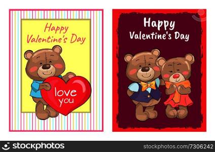 Happy Valentines day poster bear male holding red heart, text I love you, fluffy stuff teddy-bears couple on walk isolated vector in cartoon design. Happy Valentines Day Poster Bear Holding Red Heart