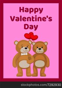 Happy Valentines day poster cute bear animals family, male and female hold paws, heart shaped balloons behind, vector illustration isolated on pink. Happy Valentines Day Poster Bear Animals Family