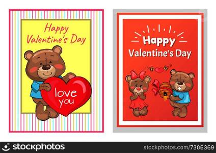 Happy Valentines day poster male teddy bear holds hive, bees flying with red heart, present for girlfriend and animal with pillow I love you vector. Happy Valentines Male Teddy Bear Holds Hive Honey