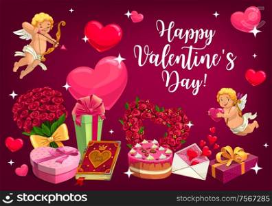 Happy Valentines day poster of cupids with golden bow arrows and hearts. Vector Valentine day I love You quote on cake, rose flowers and love message letter in envelope. Valentines day, love hearts and cupids