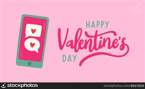 Happy Valentines Day Poster or banner with cute font, sweet hearts isolated. Promotion and shopping template vector