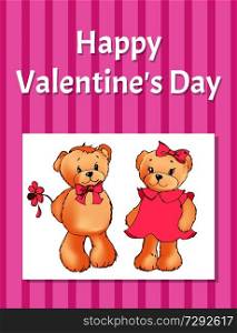 Happy Valentines day poster with two bears male teddy going to present beauty flower to female soft toy, vector greeting card design on striped backdrop. Happy Valentines Day Poster with Two Teddy Bears