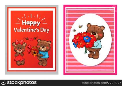 Happy Valentines day posters set teddy with bouquet of flowers, and boyfriend bear makes present to his girlfriend hive decorated by bow vector. Happy Valentines Day Poster Set Teddy with Bouquet
