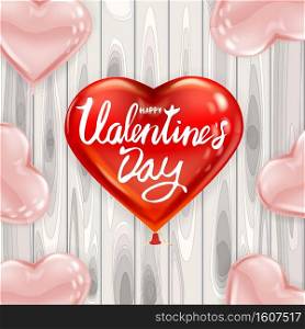 Happy Valentines Day red heart shape glossy balloon realistic, lettering, background wood table pink heart ballons. Happy Valentines Day red heart shape glossy balloon realistic, lettering, background wood table pink heart ballons, greeting card. Vector banner poster flyer isolated