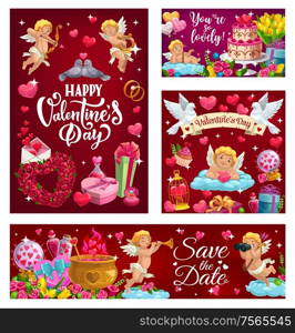 Happy Valentines Day, Save the Date calligraphy invitation, 14 February. Vector cupids and couples of doves, wedding cake and flower bouquets. Letters with love messages, gifts and heart in cage. Save the Date, vector Happy Valentines Day cards