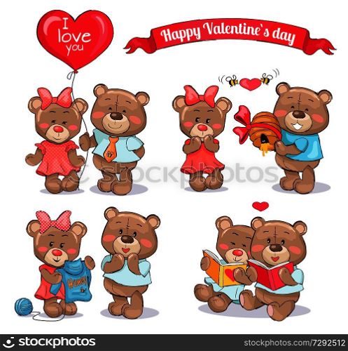 Happy Valentines Day set of cute teddy bears couples in love which exchange gifts and spend time together isolated cartoon flat vector illustrations.. Happy Valentines Day Set of Teddy Bears Couples