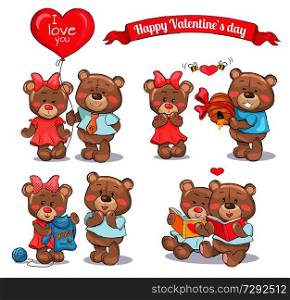 Happy Valentines Day set of cute teddy bears couples in love which exchange gifts and spend time together isolated cartoon flat vector illustrations.. Happy Valentines Day Set of Teddy Bears Couples