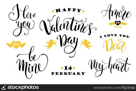 Happy Valentines Day. Set of hand drawn inscriptions. Modern calligraphy and lettering. Vector design element for card, poster, flyer, banner, web and other users. Happy Valentines Day. Set of hand drawn inscriptions.