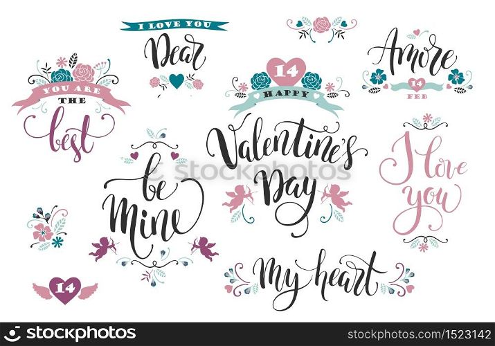 Happy Valentines Day. Set of hand drawn inscriptions. Modern calligraphy and lettering. Vector design element for card, poster, flyer, banner, web and other users. Happy Valentines Day. Set of hand drawn inscriptions.